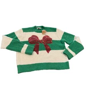 POOF New York Women's Green White Striped Fuzzy Christmas Sweater‎ Sequins Bow L